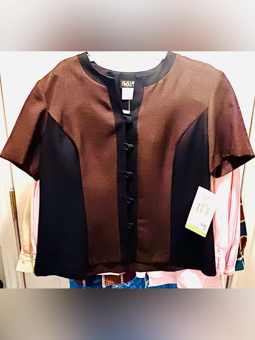 Tailored Black and Brown Short Sleeve Jacket Top Size 16